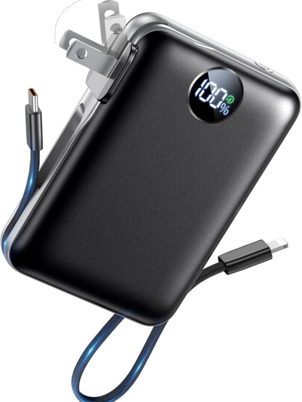Compact 10000mAh Portable Power Bank with Built-in Cables & AC Plug - Travel